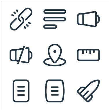 aygıt hattı simgeleri. Doğrusal küme. Roket, menü, belge, cetvel, gps, dilsiz, ses, seçenek gibi kalite vektör çizgisi