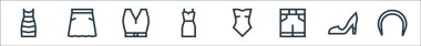 Moda çizgisi simgeleri. Doğrusal küme. Kaliteli vektör çizgisi: peluş, yüksek topuklu, şort, mayo, gömlek, etek