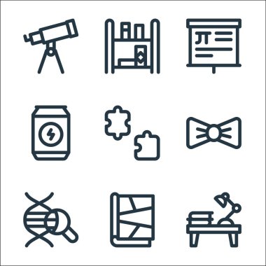 İnek çizgisi simgeleri. Doğrusal küme. Masa, çizgi roman, DNA, papyon, bulmaca parçası, enerji içeceği, sunum, kütüphane gibi kalite vektör dizileri