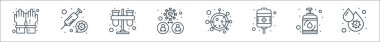 Virüs iletim hattı simgeleri. Doğrusal küme. Kan hücresi, el yıkama, serum, koronavirüs, test tüpü, koronavirüs gibi kalite vektör dizileri