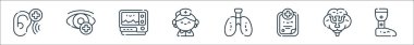 Tıbbi servis hattı simgeleri. Doğrusal küme. Protez, psikoloji, tıbbi geçmiş, akciğerler, hemşire, monitör, oftalmoloji gibi kalite vektör dizileri