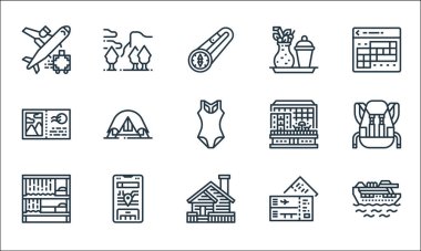 seyahat çizgisi simgeleri. Doğrusal küme. Cruise, kabin, hostel, uçak bileti, GPS, kartpostal, otel, kokteyl, dağ gibi kalite vektör dizileri