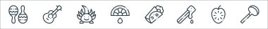 Meksika hattı ikonları. Doğrusal küme. Coa de jima, guanabana, churro, burrito, lime, ajolote, gitar gibi kalite vektör dizileri