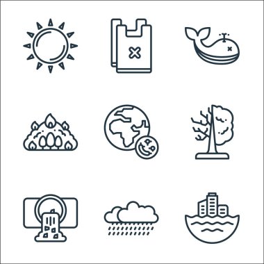 İklim değişikliği çizgisi simgeleri. Doğrusal küme. Sel, yağmur, su kirliliği, ağaç, koronavirüs, orman yangını, balina, naylon poşet yok gibi kalite vektör çizgisi