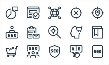 Web uygulamaları seo line simgeleri. Doğrusal küme. Arama motoru optimizasyonu, güvenli, pazarlama, navigasyon, izleyici, kullanıcı, baş, onaylanmış gibi kalite vektör çizgisi seti