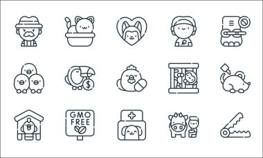 Hayvan refahı simgeleri. Doğrusal küme. Ayı tuzağı, veteriner, tavuk, inek, gmo, tavuk, maymun, vegan, kum havuzu gibi kalite vektör çizgisi