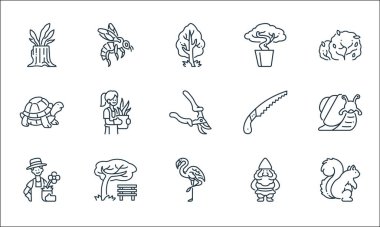 Bahçe çizgisi simgeleri. Doğrusal küme. Sincap, flamingo, bahçıvan, cüce, bank, kaplumbağa, budama testeresi, bonsai, arı gibi kalite vektör dizileri