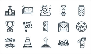 Otopsi çizgisi simgeleri. Doğrusal küme. Yangın söndürücü, vites kolu, yarış, motosiklet, trafik konisi, kupa, üniforma, piston, para gibi kalite vektör dizileri