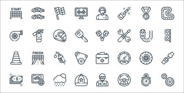 Otopsi çizgisi simgeleri. Doğrusal küme. vites, direksiyon, kapsül, para, tekerlek, benzin, trafik ışığı, piston, yangın söndürücü gibi kalite vektör çizgisi