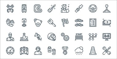 Otopsi çizgisi simgeleri. Doğrusal küme. Araba tamiri, yağmur, arabalar, hız göstergesi, vites kolu, benzin, para, çek bayrağı, piston gibi kalite vektör çizgisi kümesi