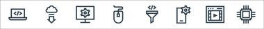 Geliştirme çizgisi simgeleri. Doğrusal küme. Cpu, video, akıllı telefon, kod, bilgisayar faresi, monitör, indirme gibi kalite vektör dizileri