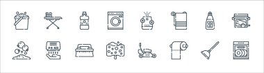 Temizlik çizgisi simgeleri. Doğrusal küme. Bulaşık makinesi, tuvalet kağıdı, sünger, el yıkama, bulaşık deterjanı, gargara, oda spreyi, demir tahta gibi kalite vektör dizileri