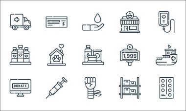 Yardım hattı simgeleri. Doğrusal küme. Hap, yumruk, online bağış, depo, aşı, su şişesi, skor, yemek odası, çek gibi kalite vektör dizileri