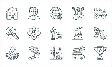 Çevre ve çevre çizgisi simgeleri. Doğrusal küme. Kupa, rüzgar enerjisi, tasarruf suyu, elektrikli araba, kapı anahtarı, araştırma, nükleer enerji, ekoloji, sıcak hava balonu gibi kalite vektör çizgisi