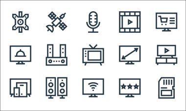 Televizyon dizisi simgeleri. Doğrusal küme. Hafıza kartı, akıllı televizyon, ilgili, yıldız, hoparlör, yemek programı, ayarlama, film, uydu gibi kalite vektör dizileri
