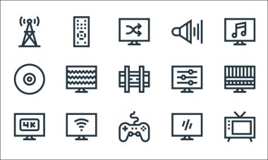 Televizyon dizisi simgeleri. Doğrusal küme. Eski TV, gamepad, k, TV, akıllı TV, cd, ayarlama, ses düzeyi, uzaktan kumanda gibi kalite vektör dizileri
