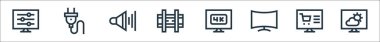 Televizyon dizisi simgeleri. Doğrusal küme. Kalite vektör çizgisi seti, çevrimiçi alışveriş, eğri, k, duvar parantezi, hacim, kablo gibi