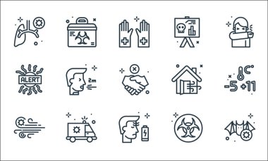 Koronavirüs çizgisi simgeleri. Doğrusal küme. Yarasa, tness, hava iletimi, tehlike, ambulans, alarm, havalandırma, istatistik, ulaşım gibi kalite vektör çizgisi