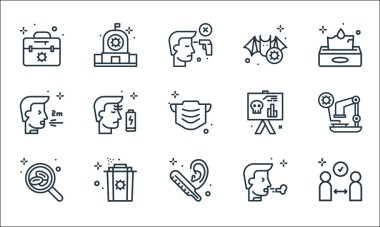 Koronavirüs çizgisi simgeleri. Doğrusal küme. Mesafe, termometre, kan hücreleri, öksürük, çöp, hapşırık, istatistik, yarasa, laboratuvar gibi kalite vektör çizgisi