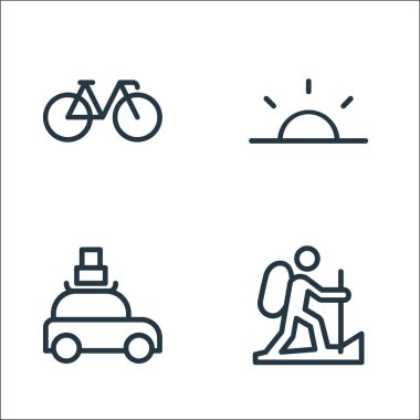 Kamp çizgisi simgeleri. Doğrusal küme. Yürüyüş, yolculuk, günbatımı gibi kalite vektör çizgisi