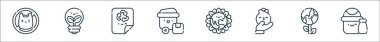 Toprak Ana çizgi simgeleri. Doğrusal küme. Cam, toprak, gül, toprak, plastik, geri dönüşümlü kağıt, eko ışık gibi kalite vektör çizgisi