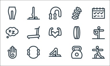 pilates çizgisi simgeleri. Doğrusal küme. Yoga, yoga, el, kettlebell, pilates, uyku, çember, sırt omurgası, yoga gibi kalite vektör dizileri