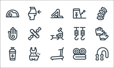 pilates çizgisi simgeleri. Doğrusal küme. İp atlama, koşu bandı, su şişesi, banyo havlusu, diyet, el, kanca, pilates sandalyesi, diyet gibi kalite vektör dizileri