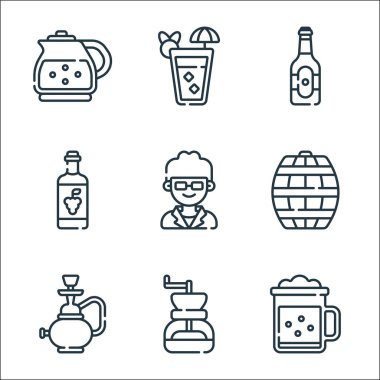 Bar çizgisi simgeleri. Doğrusal küme. Bira fincanı, kahve öğütücüsü, nargile, fıçı, kapıcı, şarap, bira şişesi, kokteyl gibi kalite vektör çizgisi