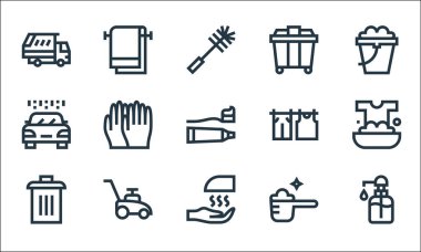 Temizlik çizgisi simgeleri. Doğrusal küme. El yıkama, el kurutma, çöp kutusu, çamaşır makinesi, çim biçme makinesi, araba yıkama, kurutma, çöp konteynırı, havlu gibi kalite vektör çizgisi seti