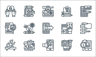 dijital dönüşüm çizgisi simgeleri. Doğrusal küme. Bilgi yönetimi, etkileşimli, zorluk, e öğrenme, performans, uzun vadeli planlama, kullanıcı arayüzü, bilgi gibi kalite vektör dizisi,