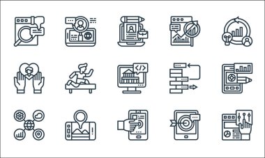 dijital dönüşüm çizgisi simgeleri. Doğrusal küme. kullanıcı arayüzü, etkileşimli, veri sınıflandırması, yeniden hedefleme, yol haritası, yüksek değer, karmaşa, uzun vadeli planlama, işe alma gibi kalite vektör dizileri