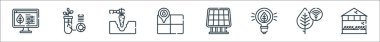 Akıllı çiftlik çizgisi simgeleri. Doğrusal küme. ev, akıllı çiftlik, yenilik, güneş paneli, sulama, makine, veri gibi kalite vektör çizgisi kümesi