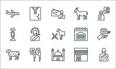 Kurban Bayramı çizgi simgeleri. Doğrusal küme. İnsan, cami, koyun, kabe, et, dağ, takvim, keçi, giysi gibi kalite vektör dizileri