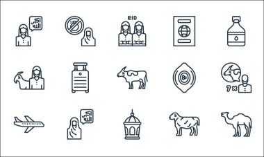 Kurban Bayramı çizgi simgeleri. Doğrusal küme. Deve, fener, uçak, koyun, kadın, keçi, taş, pasaport, parfüm gibi kalite vektör dizileri