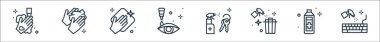 Hijyen çizgisi simgeleri. Doğrusal küme. Klavye, alkol, çöp, anahtar, göz damlası, silme, silme gibi kalite vektör dizisi