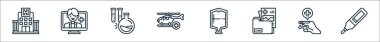 Hastane çizgisi simgeleri. Doğrusal küme. Termometre, yaralanma, tıbbi geçmiş, kan torbası, helikopter, test tüpü, video çağrısı gibi kalite vektör dizileri
