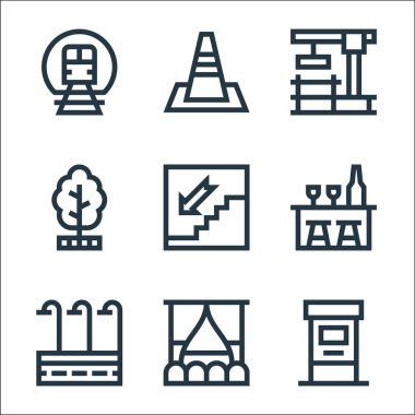 Şehir yaşam çizgisi simgeleri. Doğrusal küme. ATM, film, sokak lambaları, bar, bar, inşaat, trafik konisi gibi kalite vektör çizgisi kümesi