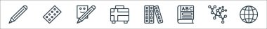 Okul çizgisi simgeleri. Doğrusal küme. İnternet, kimya, kitap, belge, evrak çantası, yazı, renk paleti gibi kalite vektör satırı kümesi