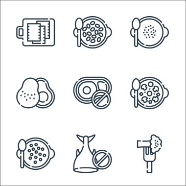 Vejetaryen yemek hattı ikonları. Doğrusal küme. Brokoli, balık, mercimek, mantar, sığır eti, avokado, çorba, tohum gibi kalite vektör dizileri