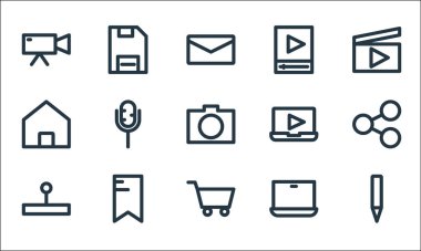 Multimedya çizgi simgeleri. Doğrusal küme. Kalem, el arabası, konsol, dizüstü bilgisayar, etiket, ev, film oynatıcı, oyuncu, kaydetme gibi kalite vektör dizisi