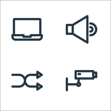 Multimedya çizgi simgeleri. Doğrusal küme. ccTV, shuffle, sound gibi kalite vektör satırı kümesi