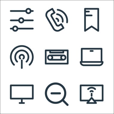 Multimedya çizgi simgeleri. Doğrusal küme. Bilgisayar monitörü, arama, masaüstü bilgisayarı, dizüstü bilgisayar, kaset, etiket, telefon gibi kalite vektör dizileri