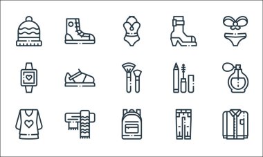 Moda çizgisi simgeleri. Doğrusal küme. Tişört, sırt çantası, bluz, kot pantolon, atkı, kol saati, makyaj, bot, spor ayakkabısı gibi kalite vektör çizgileri
