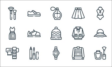Moda çizgisi simgeleri. Doğrusal küme. Tırnak cilası, kol saati, atkı, süveter, makyaj, elbise, yağmurluk, etek, ayakkabı gibi kalite vektör çizgisi