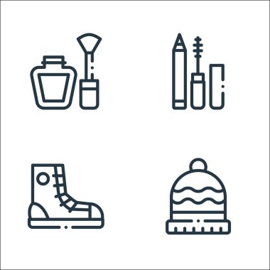 Moda çizgisi simgeleri. Doğrusal küme. Bere, spor ayakkabısı, makyaj gibi kalite vektör çizgisi