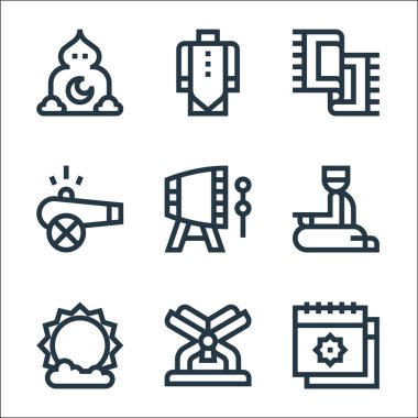 Ramazan çizgi simgeleri. Doğrusal küme. Takvim, Kuran, güneş, salah, kazılmış, top, halı, müslüman gibi kalite vektör çizgisi