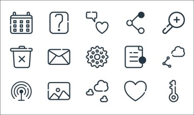 Evet ana satır simgeleri. Doğrusal küme. Anahtar, bulut, wifi, aşk, resim, çöp kutusu, dosya ekle, paylaş, soru