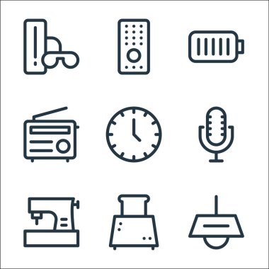 Elektronik hat simgeleri. Doğrusal küme. Tavan lambası, tost makinesi, dikiş makinesi, mikrofon, saat, radyo, pil, uzaktan kumanda gibi kalite vektör çizgisi kümesi