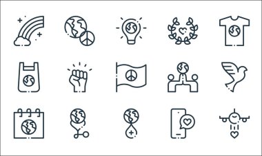 Dünya aşk çizgisi simgeleri. Doğrusal küme. Yardım, kan bağışı, Toprak Ana Günü, aşk mesajı, dünya, plastik torba, dünya, defne, barış gibi kalite çizgisi