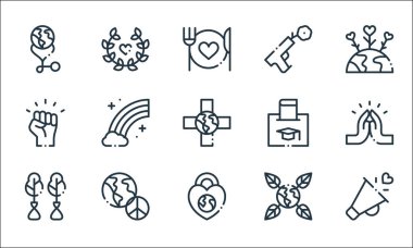 Dünya aşk çizgisi simgeleri. Doğrusal küme. Kalite vektör çizgisi: megafon, koruma, ağaçlandırma, bitki, barış, protesto, bağış, barış, defne